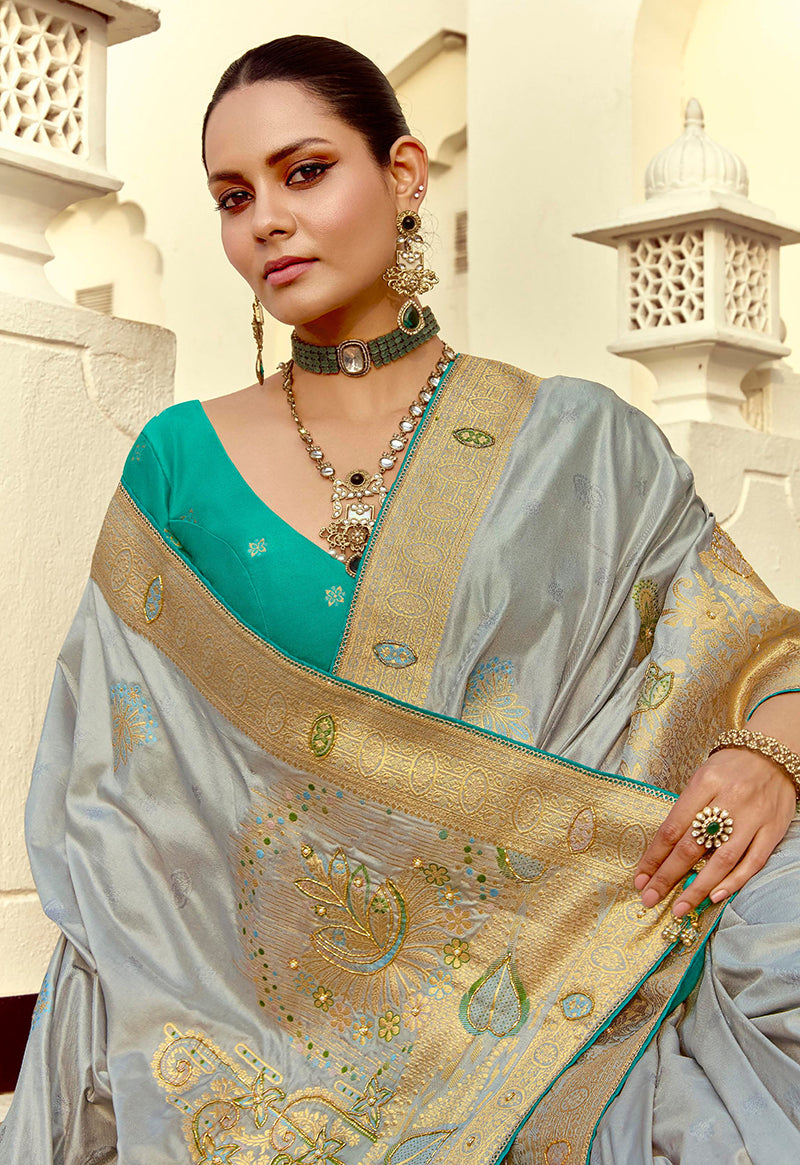 Gray Silk Saree with Rich Zari Weaving & Contrast Blouse