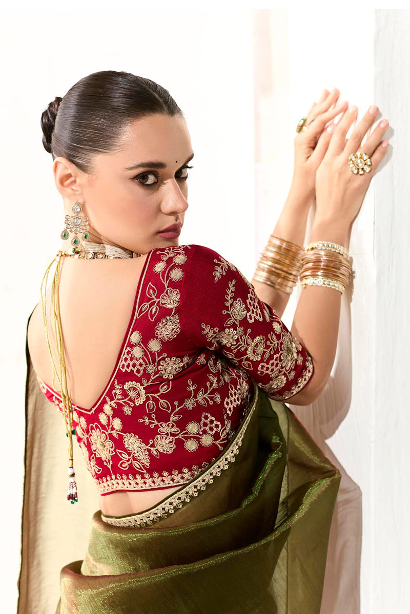 Dark Olive Tissue Silk Saree Featuring Intricate Sequins Work