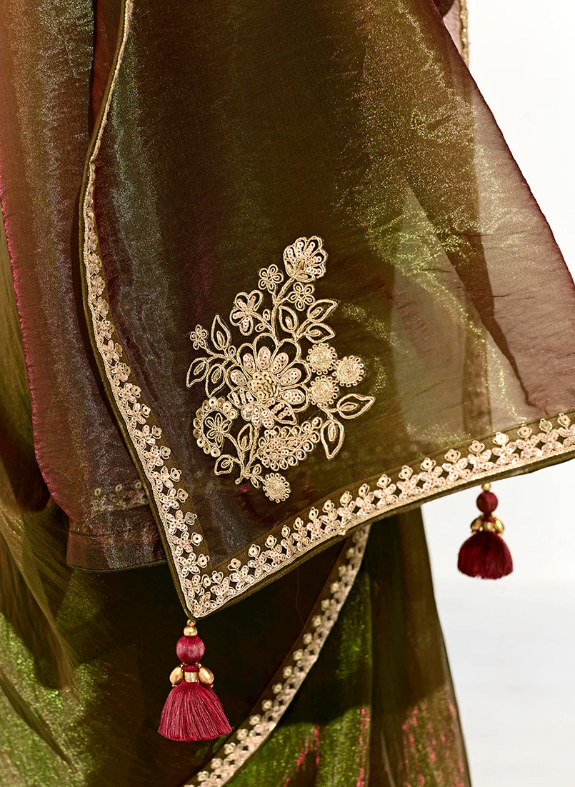 Dark Olive Tissue Silk Saree Featuring Intricate Sequins Work