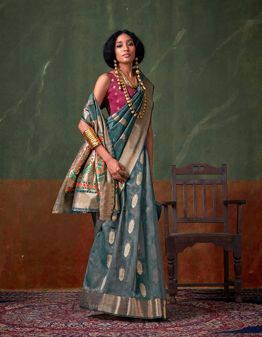 Light Blue Tissue Silk Zari Woven Saree With Paithani Style Pallu
