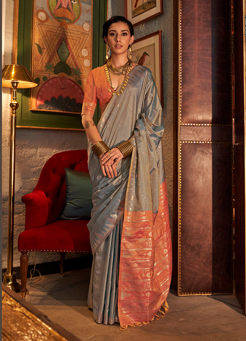 Gray Traditional Zari Woven Tussar Silk Saree