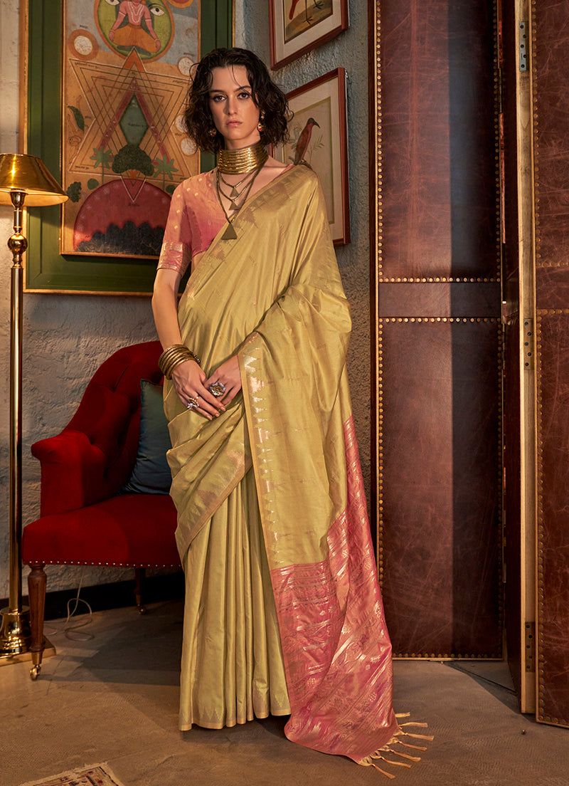 Mustard Traditional Zari Woven Tussar Silk Saree