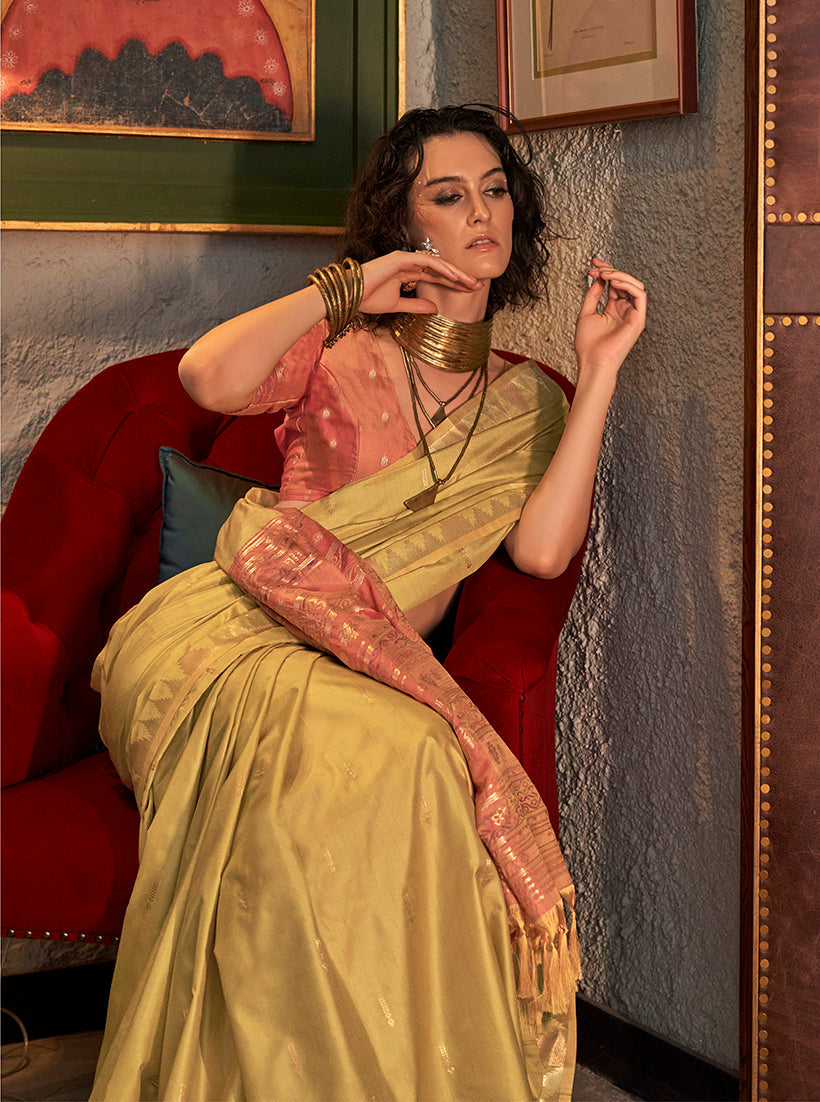 Mustard Traditional Zari Woven Tussar Silk Saree