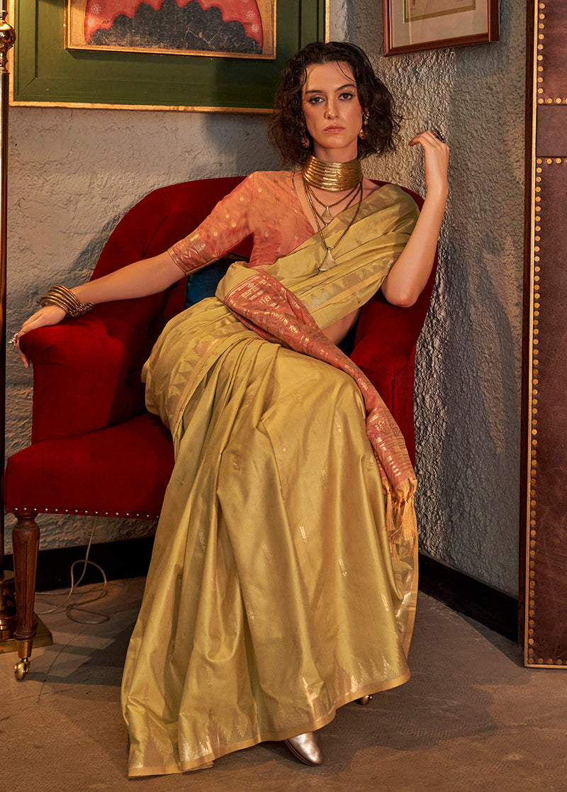 Mustard Traditional Zari Woven Tussar Silk Saree