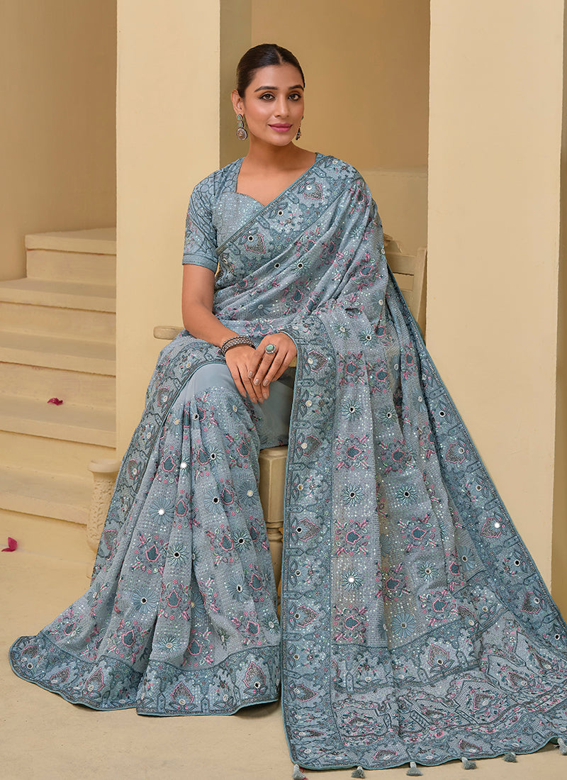 Gray Tuscany Soft Organza Silk Sequins Work Classic Saree