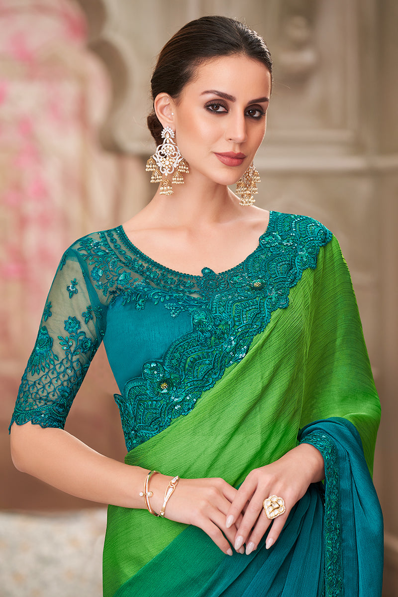 Green And Teal Chiffon Satin Sequins Work Saree