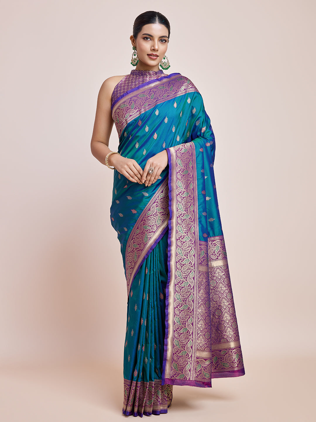 Teal Blue Banarasi Satin Silk Zari Woven Classic Saree - Monjolika Fashion