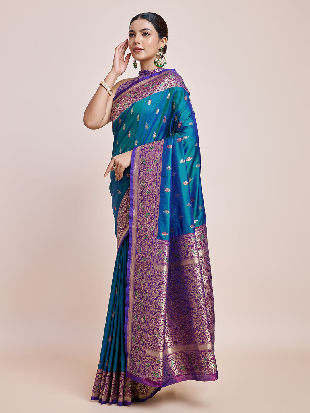Teal Blue Banarasi Satin Silk Zari Woven Classic Saree - Monjolika Fashion