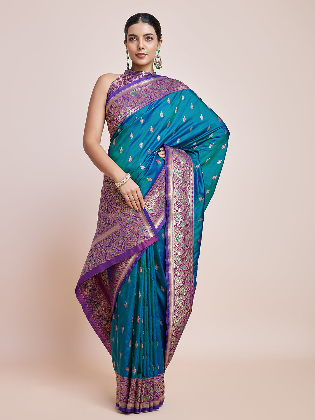 Teal Blue Banarasi Satin Silk Zari Woven Classic Saree - Monjolika Fashion