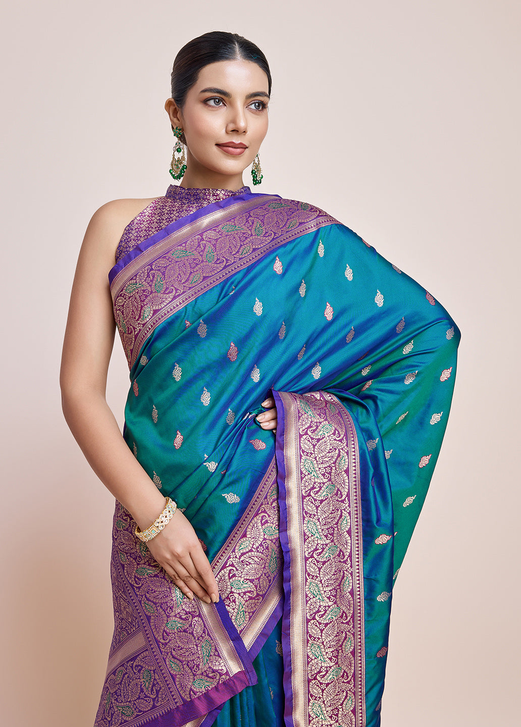 Teal Blue Banarasi Satin Silk Zari Woven Classic Saree - Monjolika Fashion