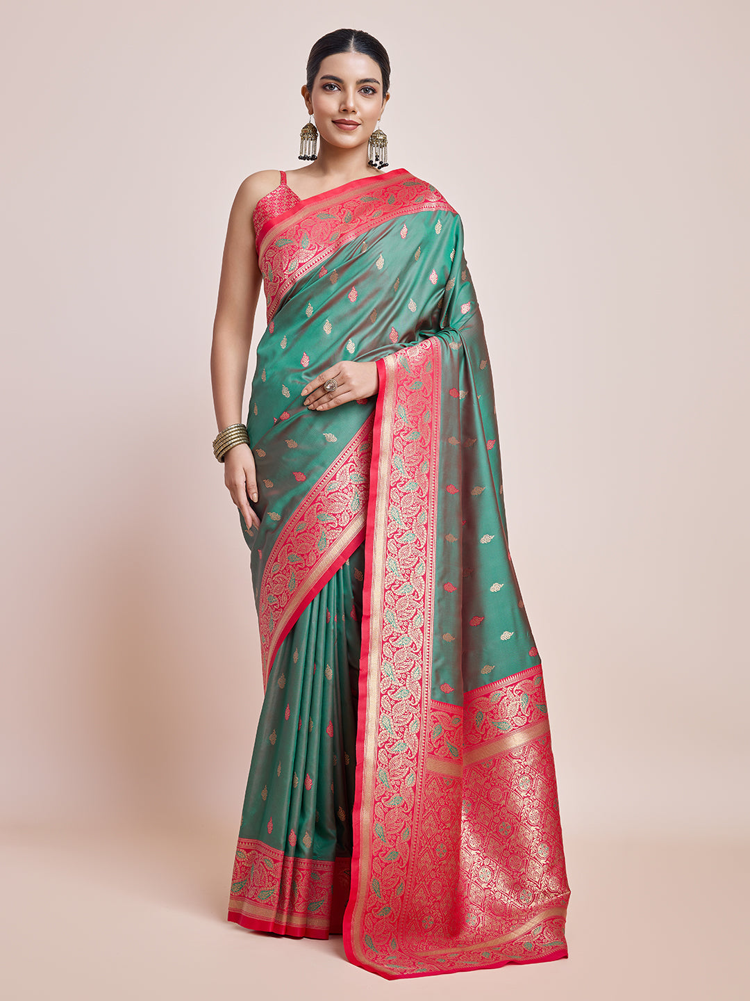 Green Banarasi Satin Silk Woven Trendy Saree - Monjolika Fashion