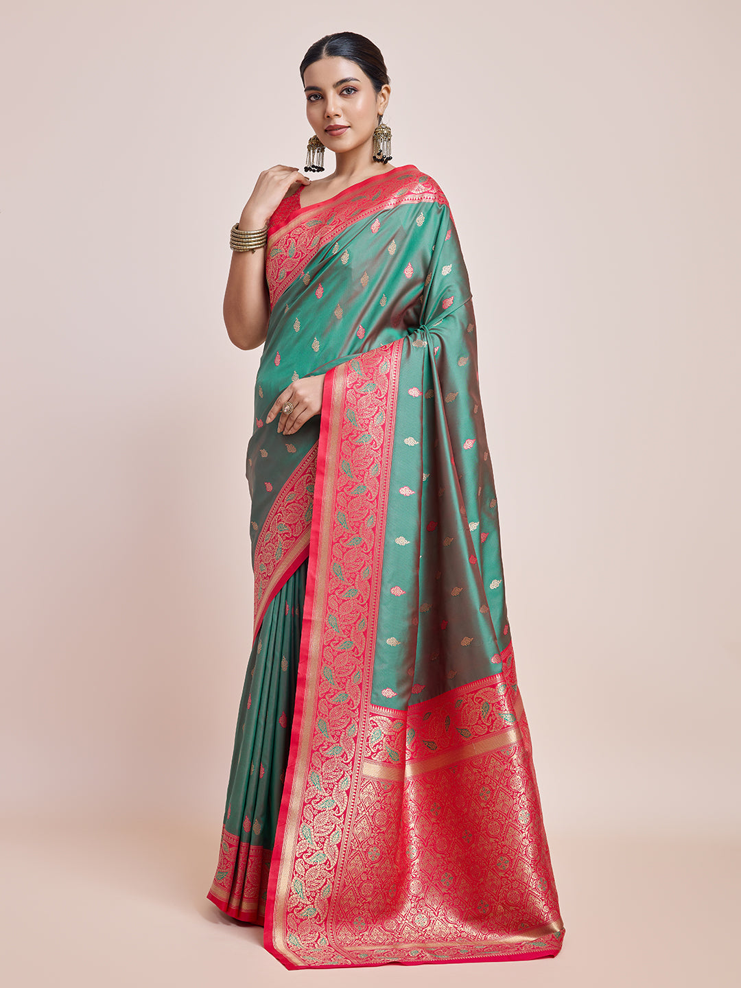 Green Banarasi Satin Silk Woven Trendy Saree - Monjolika Fashion