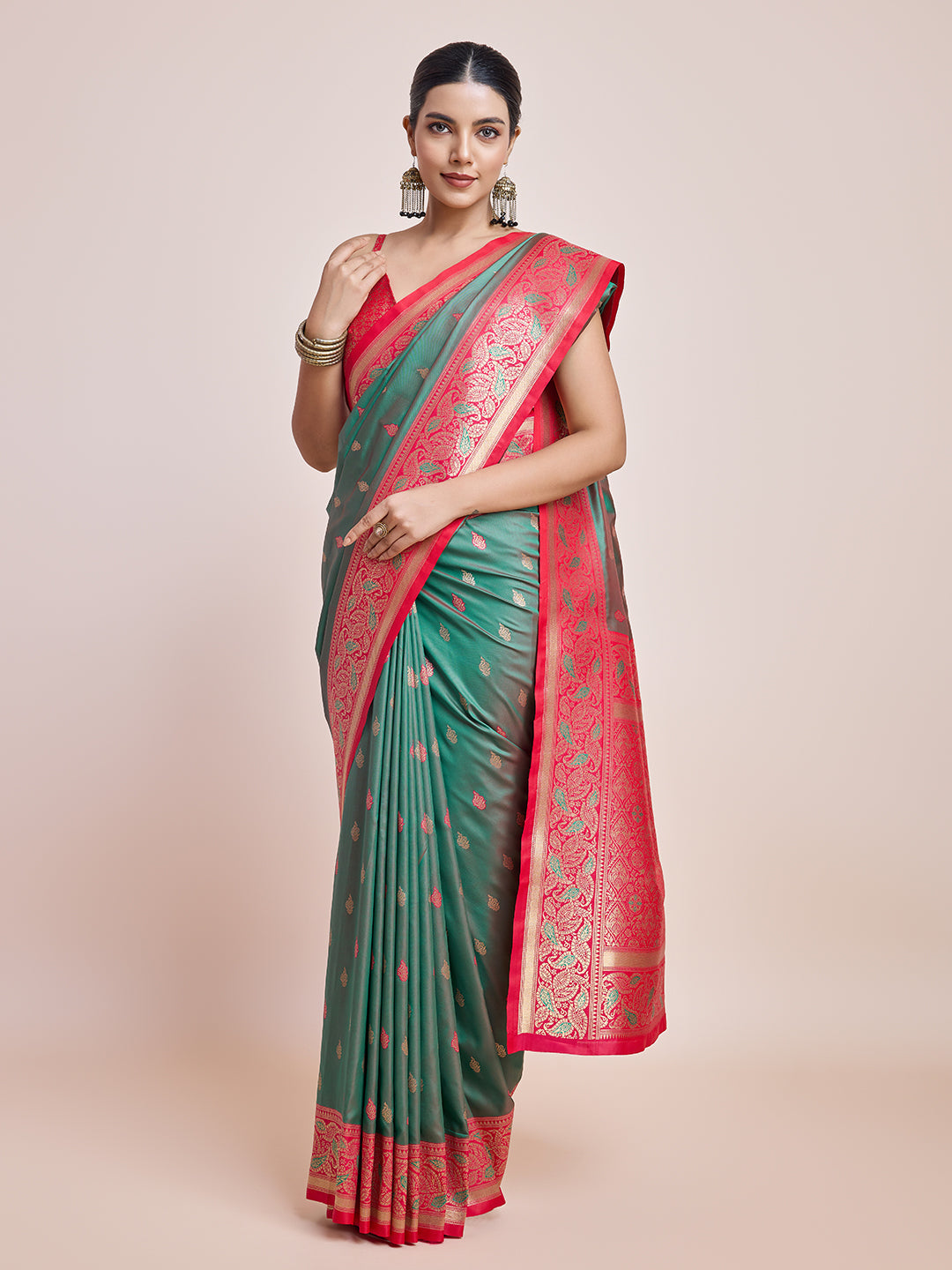 Green Banarasi Satin Silk Woven Trendy Saree - Monjolika Fashion