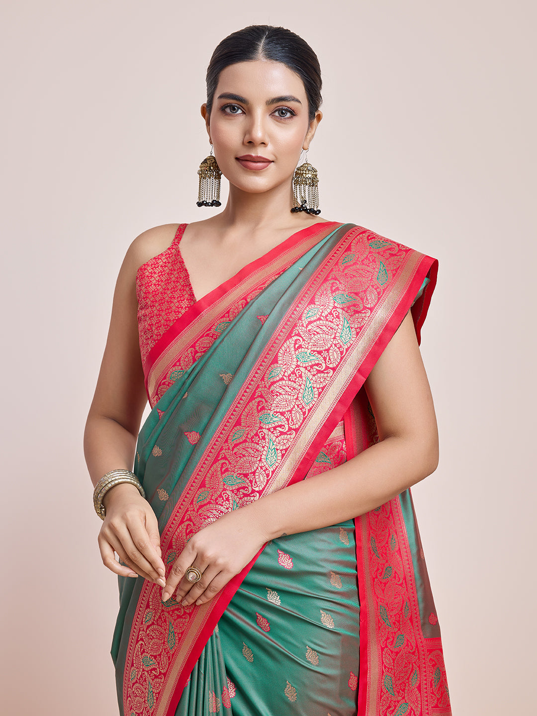 Green Banarasi Satin Silk Woven Trendy Saree - Monjolika Fashion