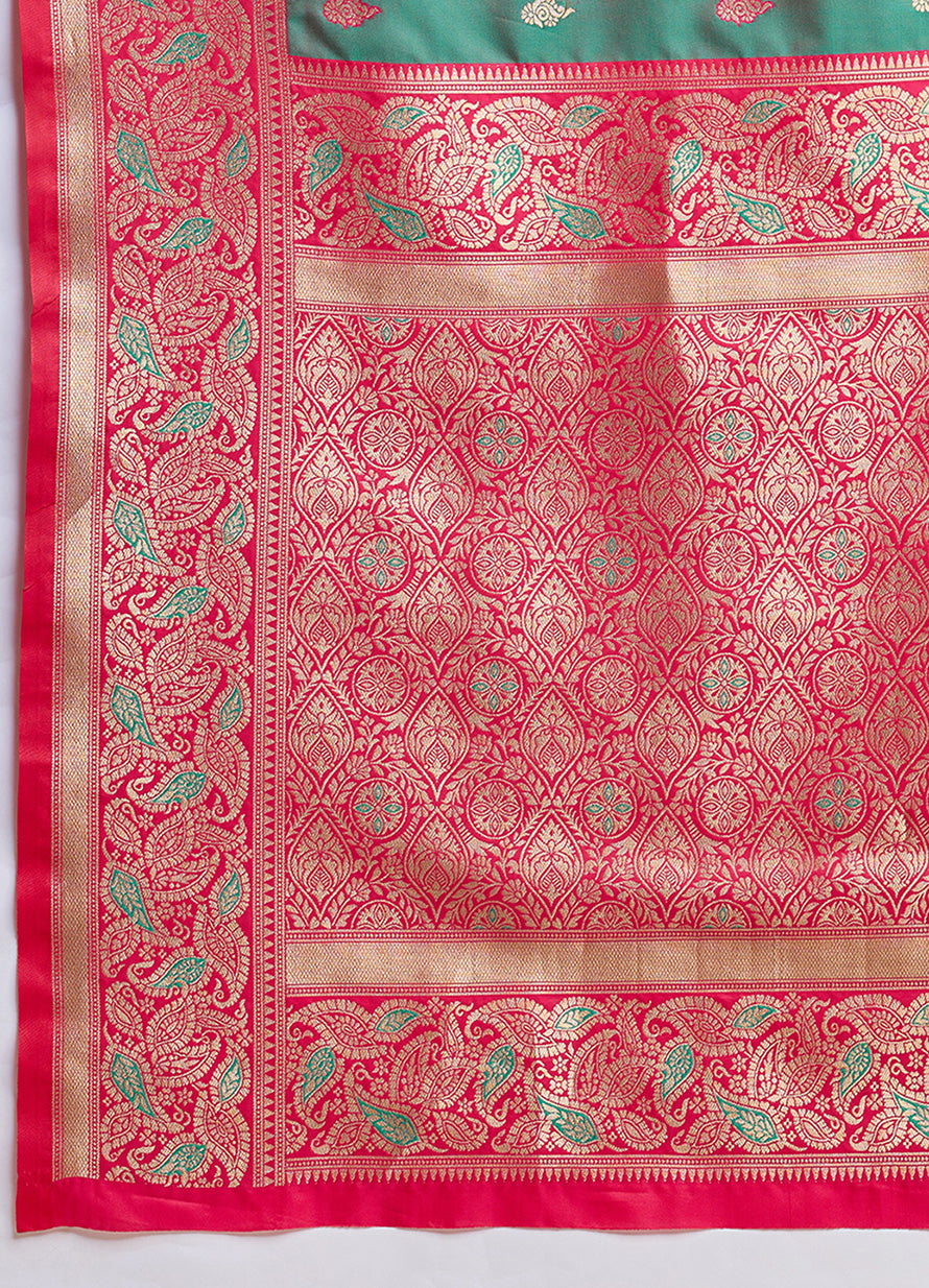 Green Banarasi Satin Silk Woven Trendy Saree - Monjolika Fashion