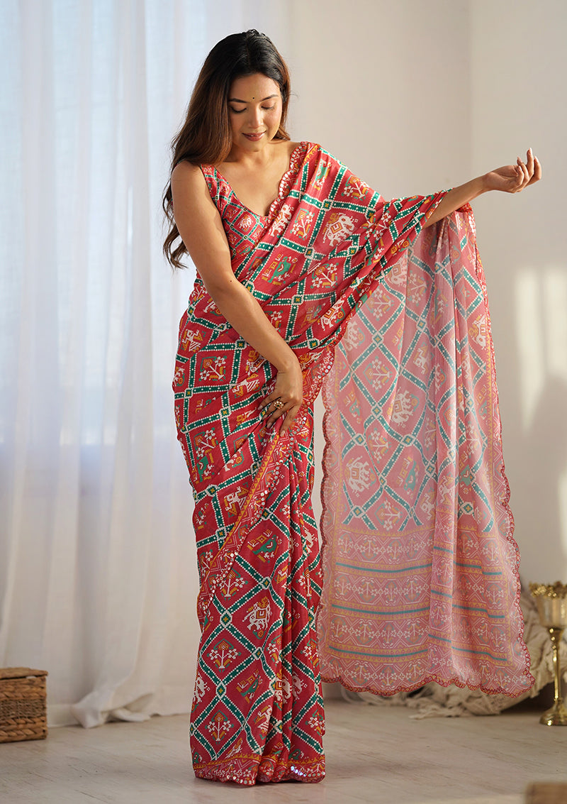 Red Chinon Digital Print Mirror Cut Work Saree