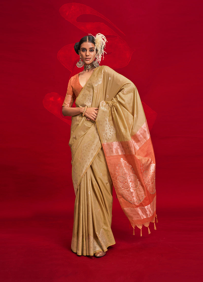 Beige Classic Weaving Silk Saree with Intricate Zari Motifs