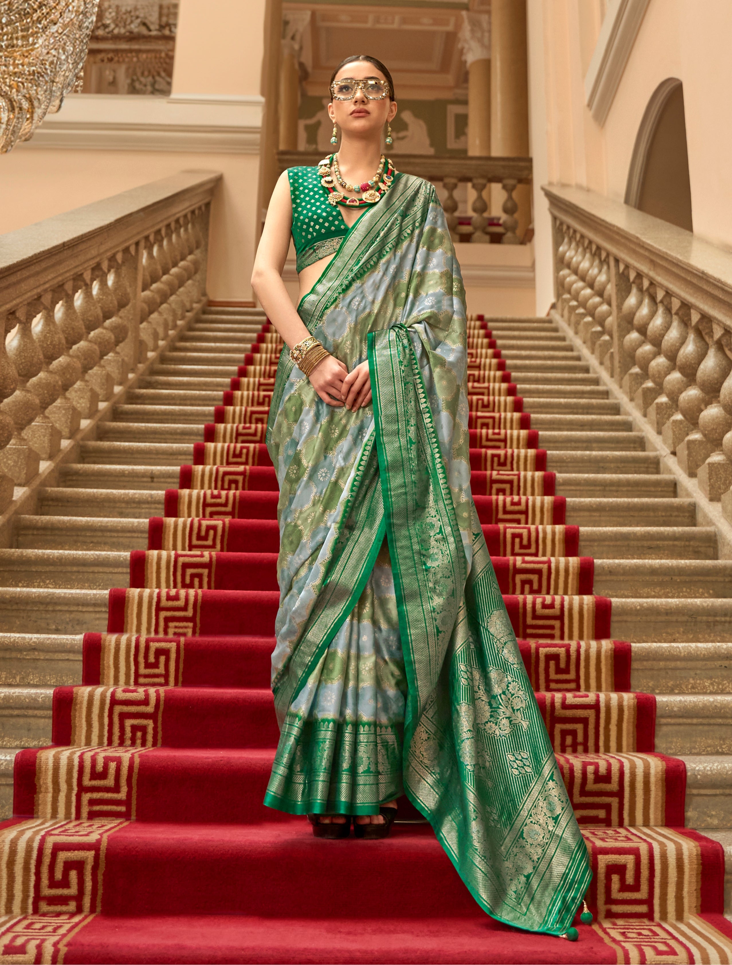 Green Color Satin Weaving Print Classic Causal Saree