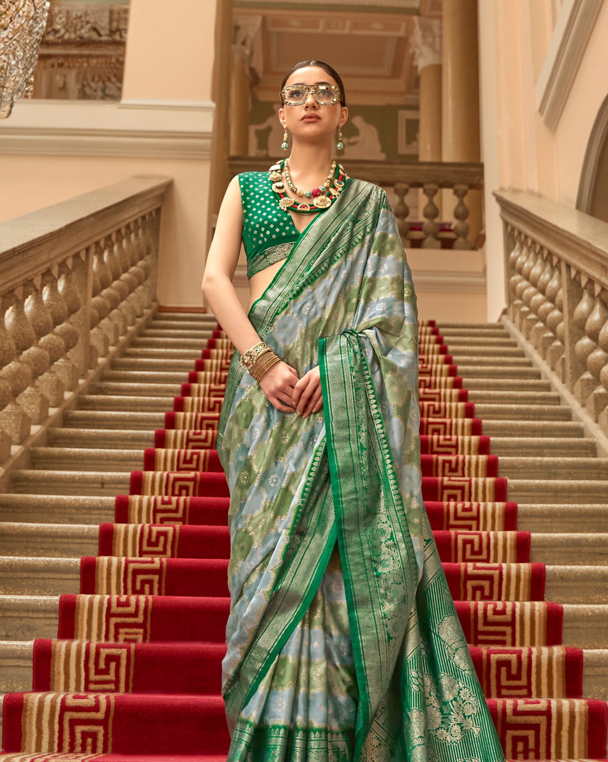 Green Color Satin Weaving Print Classic Causal Saree