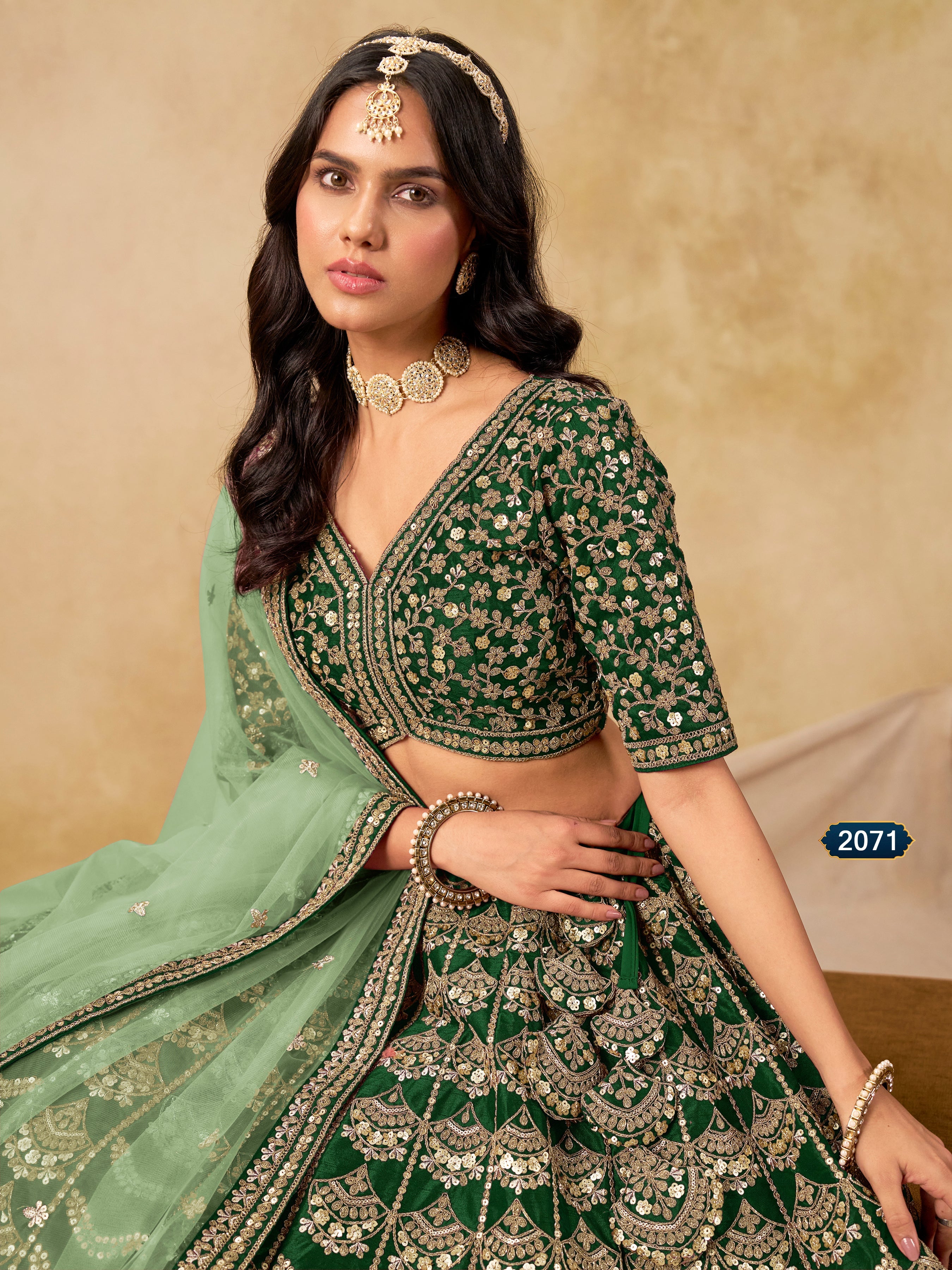 Green Color Zari Embroidered Work Art Silk A Line Lehenga Choli