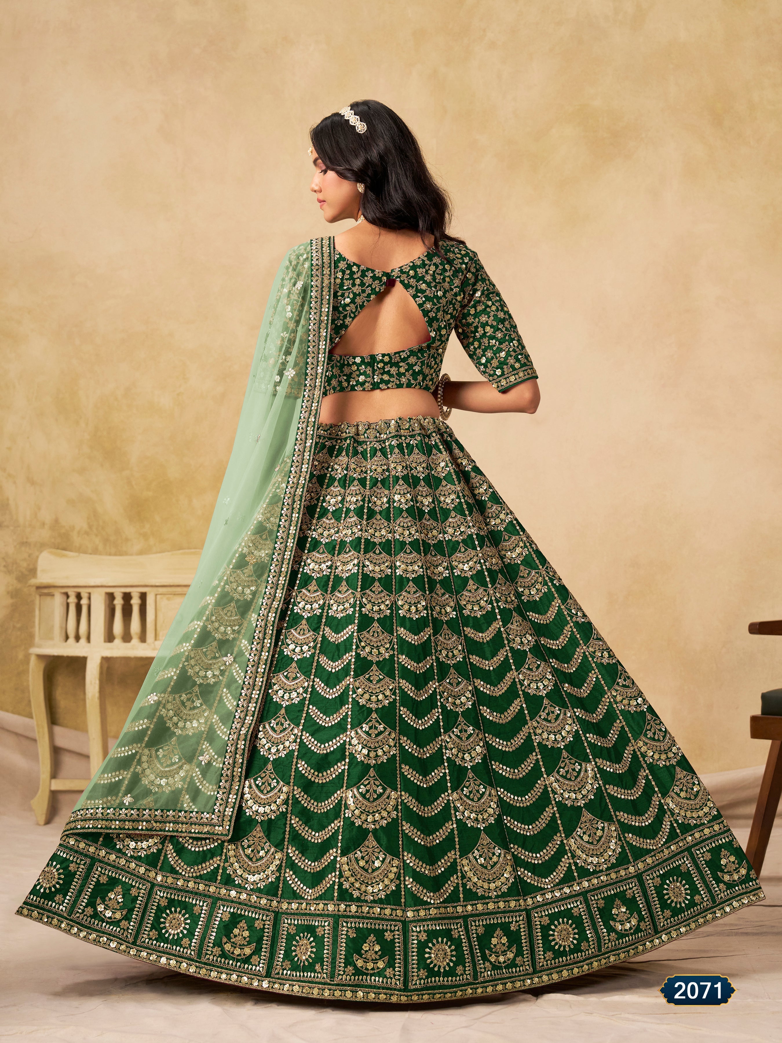 Green Color Zari Embroidered Work Art Silk A Line Lehenga Choli