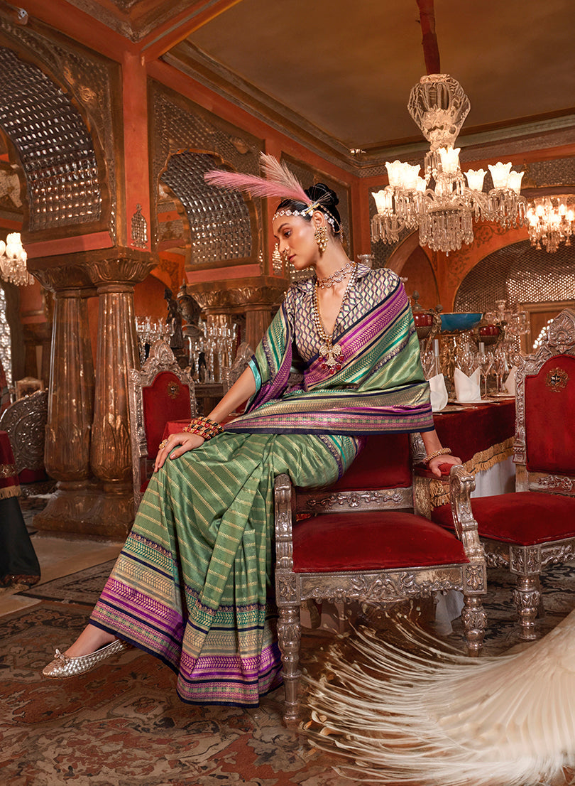 Green Colour Silk Weaving Work Saree With Contrast Border