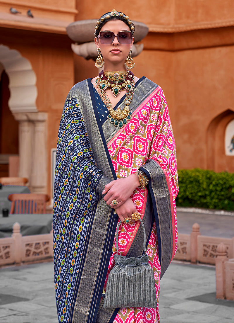 Rani Pink Cotton Silk Foil Print Work Saree