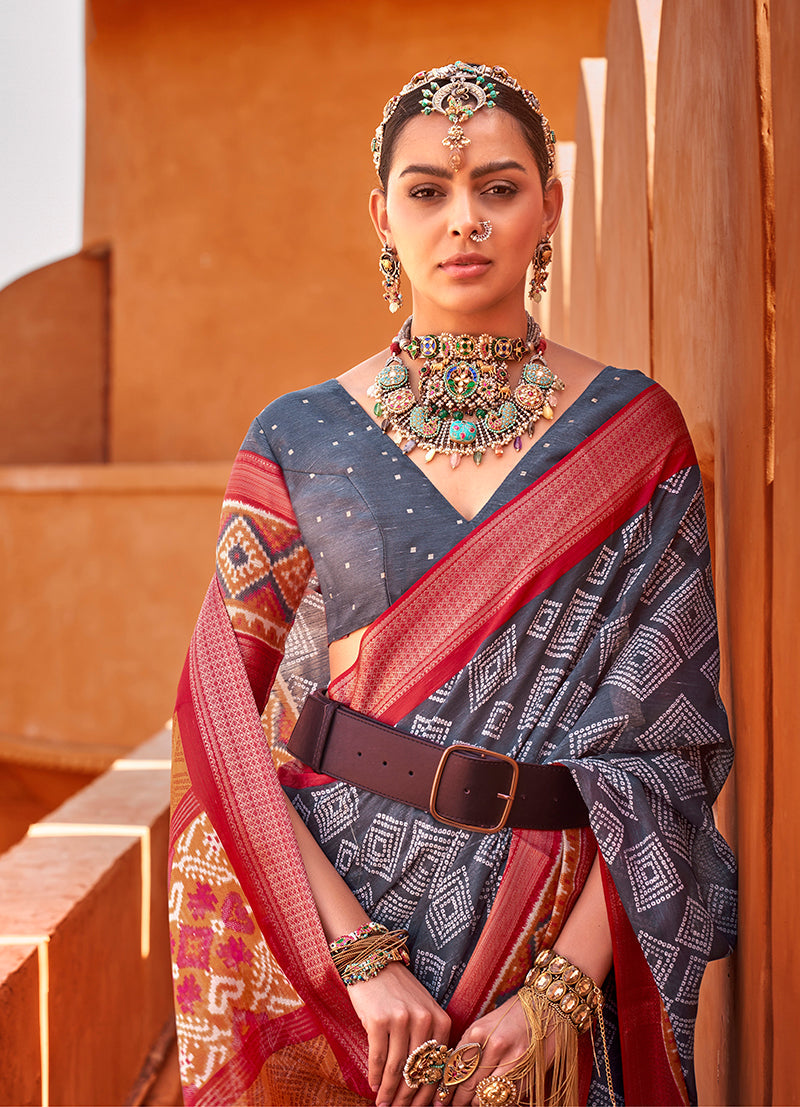 Slate Grey Cotton Silk Foil Print Work Saree