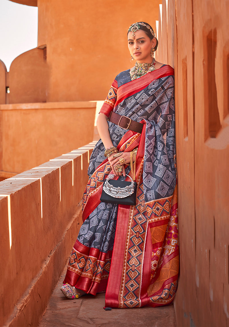 Slate Grey Cotton Silk Foil Print Work Saree
