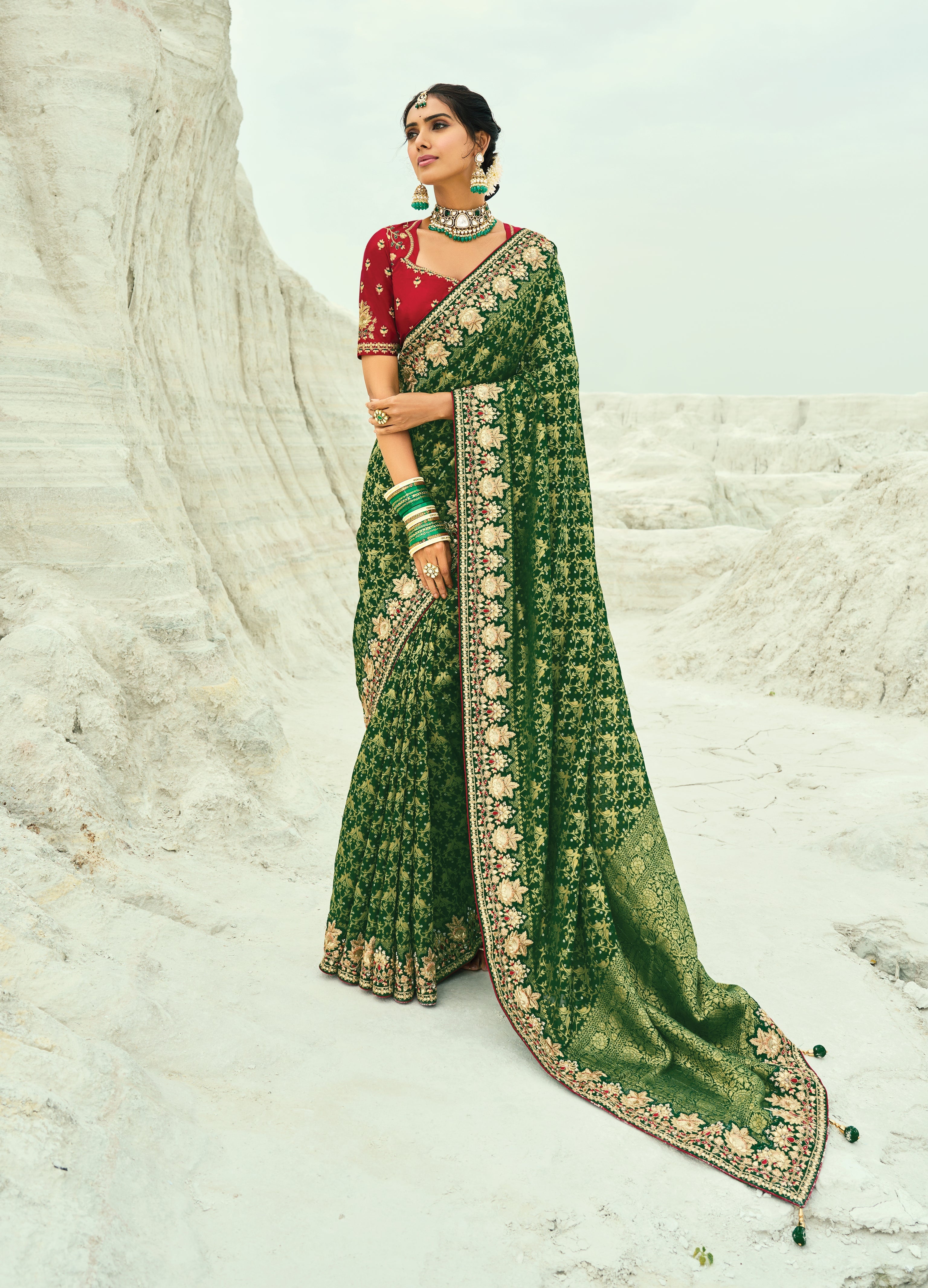 Green Embroidered Georgette Bandhej Designer Saree