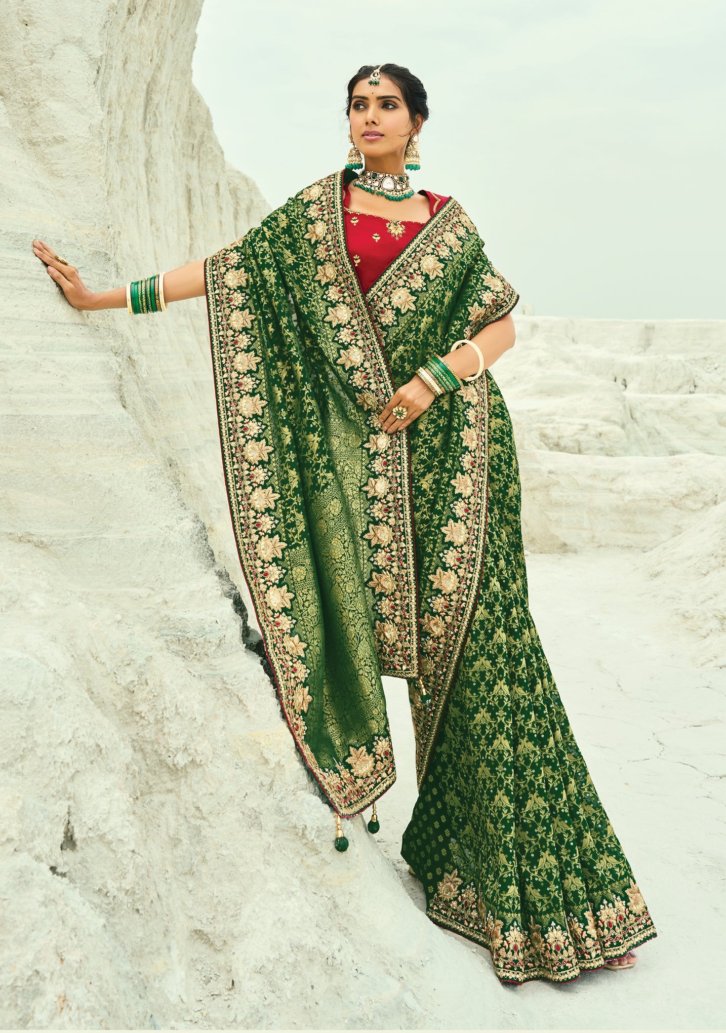 Green Embroidered Georgette Bandhej Designer Saree