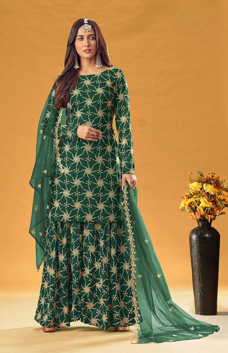 Dark Green Faux Georgette Embroidered Palazzo Suit