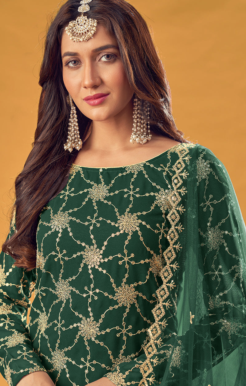 Dark Green Faux Georgette Embroidered Palazzo Suit