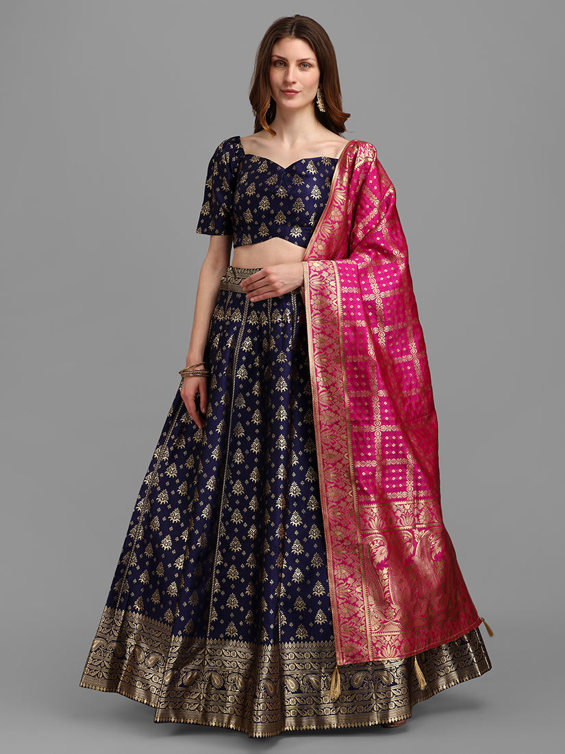 Navy Blue Jacquard Zari Woven Lehenga Choli With Banarasi Dupatta