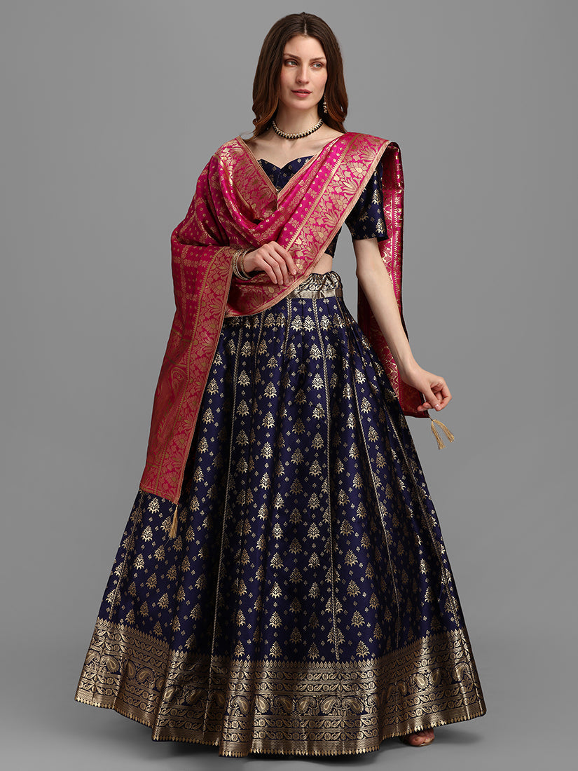 Navy Blue Jacquard Zari Woven Lehenga Choli With Banarasi Dupatta