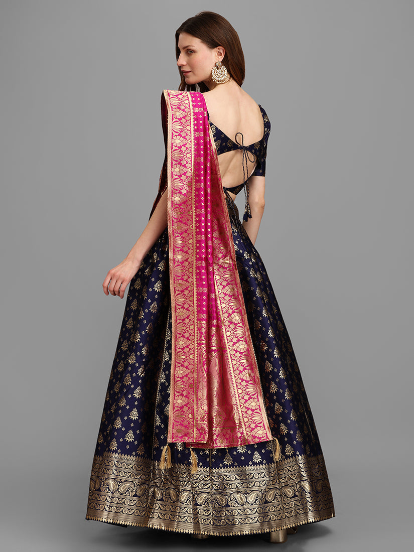 Navy Blue Jacquard Zari Woven Lehenga Choli With Banarasi Dupatta