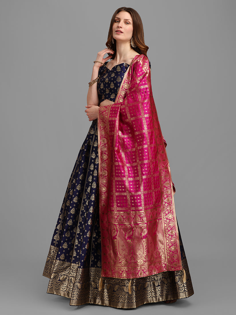 Navy Blue Jacquard Zari Woven Lehenga Choli With Banarasi Dupatta