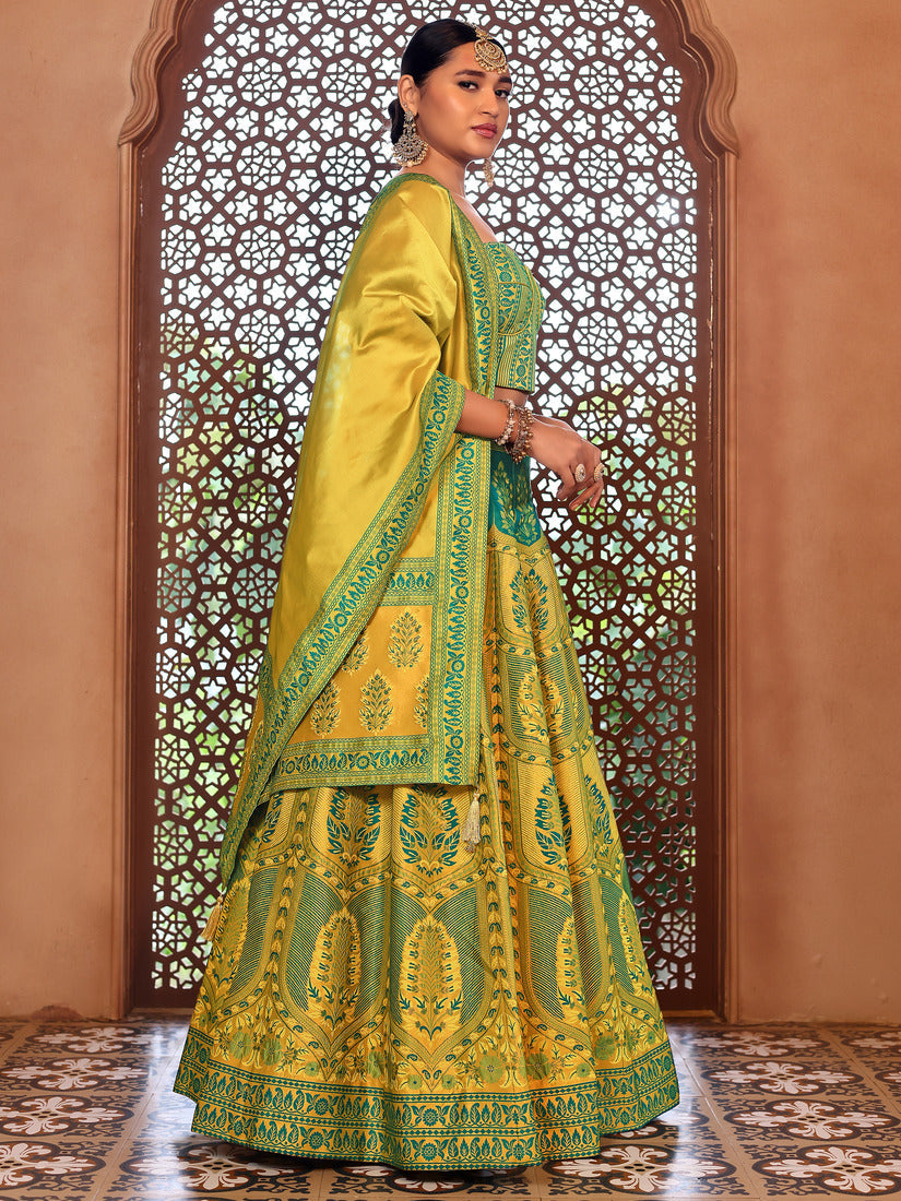 Lime Yellow Kanjivaram Silk Weaving Zari Lehenga Choli