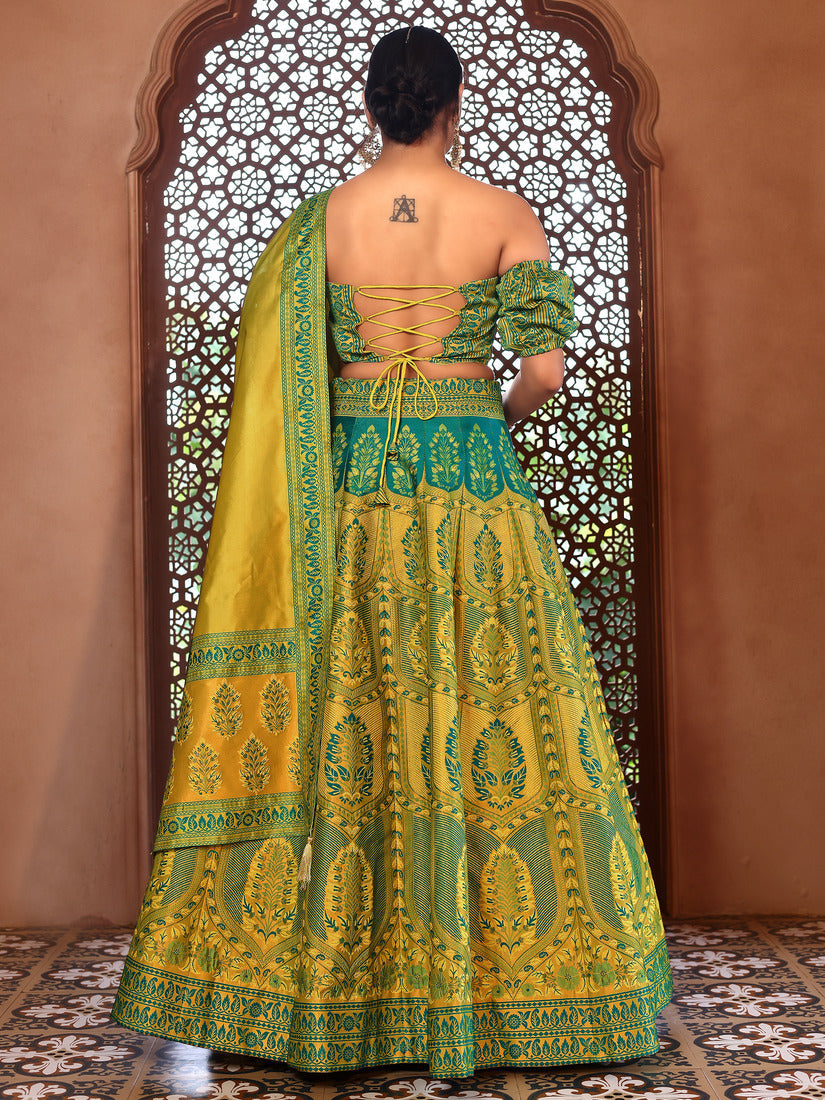Lime Yellow Kanjivaram Silk Weaving Zari Lehenga Choli
