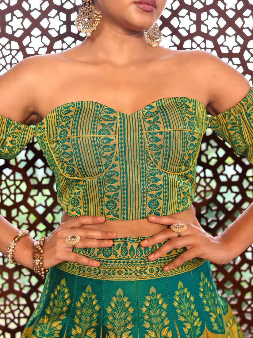 Lime Yellow Kanjivaram Silk Weaving Zari Lehenga Choli