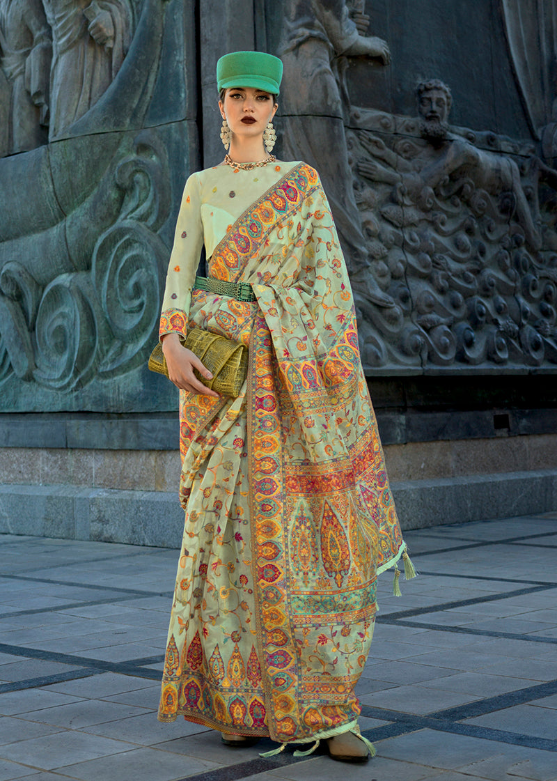 Mint Green Kashmiri Silk Zari Woven Saree for Festival