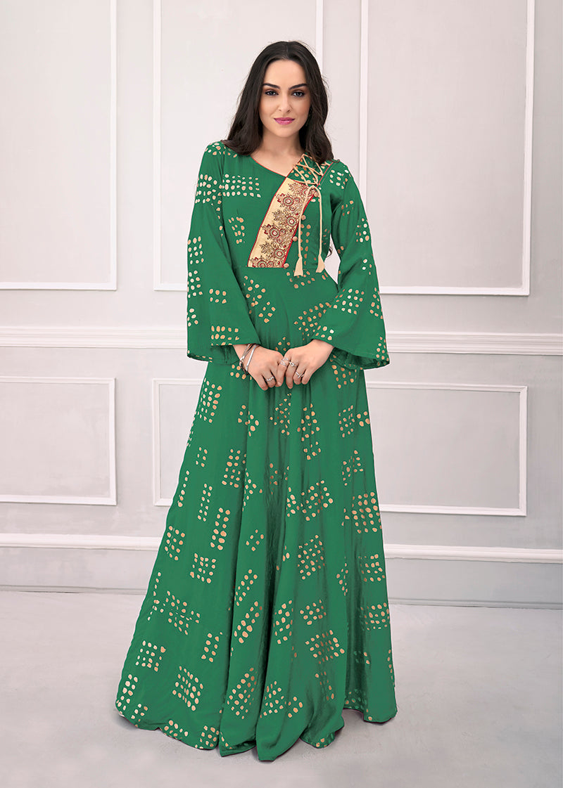 Green Muslin Foil Print Handwork Party Wear Long Gown