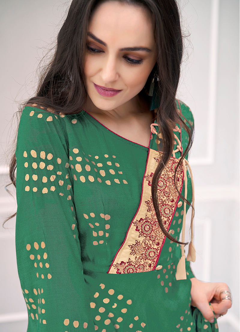 Green Muslin Foil Print Handwork Party Wear Long Gown