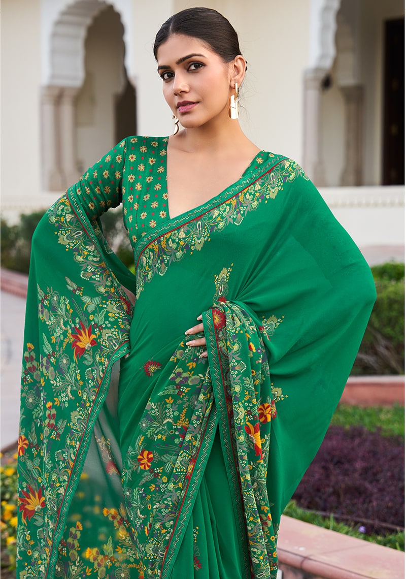 Green Printed Georgette Contemporary Saree