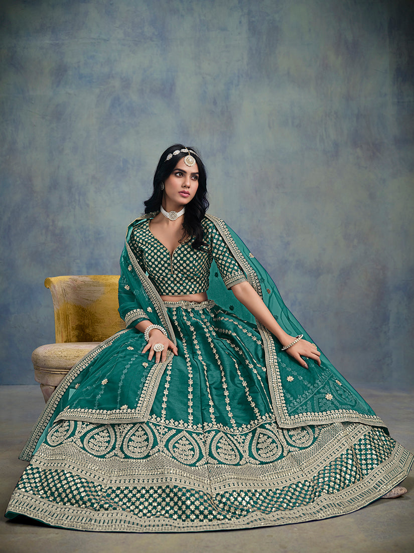 Dark Green Art Silk Thread Embroidered Lehenga Choli