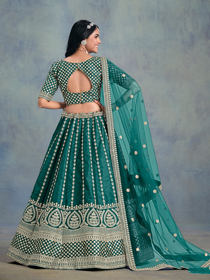 Dark Green Art Silk Thread Embroidered Lehenga Choli