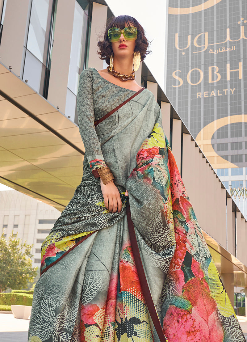 grey Satin Digital Print Saree
