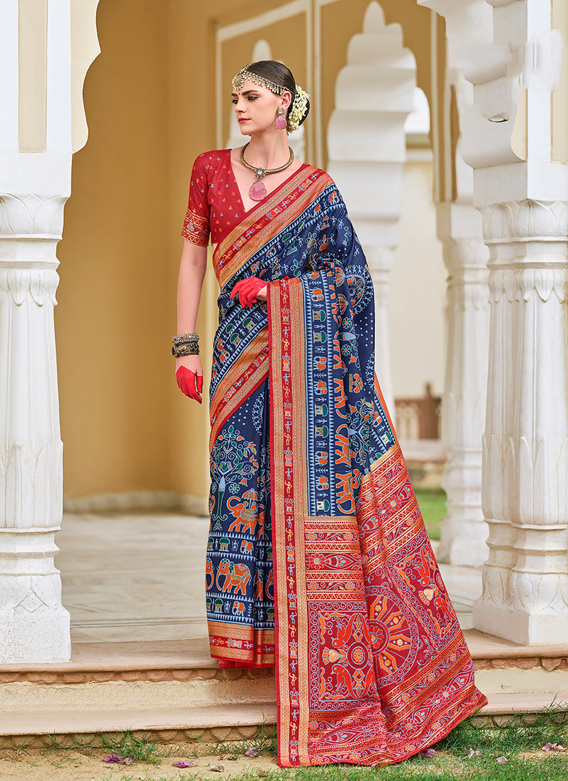 Navy Blue Silk Foil Print Saree