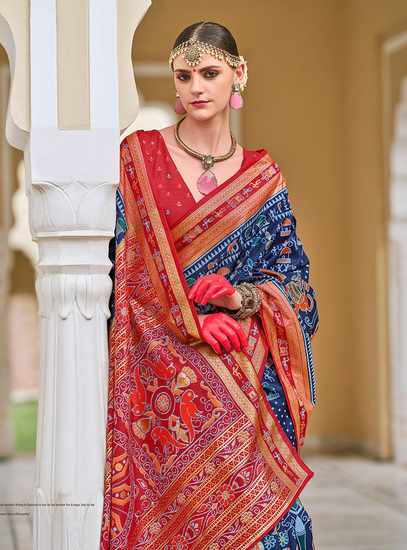 Navy Blue Silk Foil Print Saree