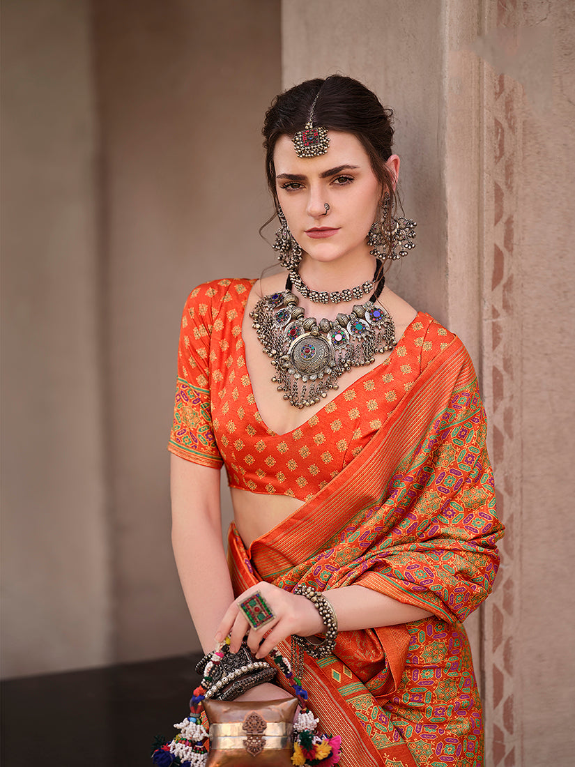 Orange Silk Patola Print Saree